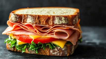 Poster - A ham and cheese sandwich on a dark wood surface.