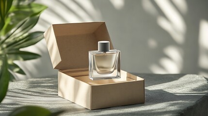 Wall Mural - Perfume Bottle in Open Box with Sunlight and Greenery