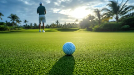 Poster - A golf ball sits on a green putting green with a golfer in the background.