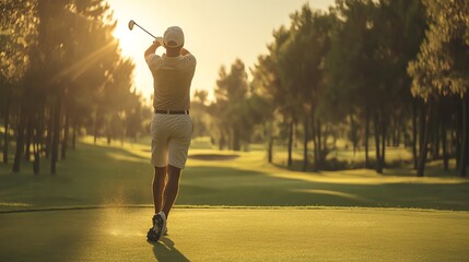 Wall Mural - A golfer takes a swing on a golf course, the sun setting in the background.