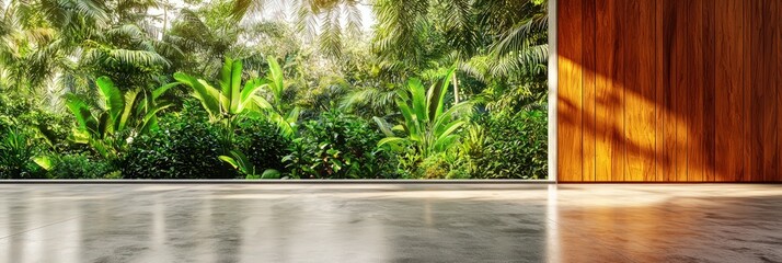 Spice garden view from an Indian fusion room with teak wood and polished concrete.