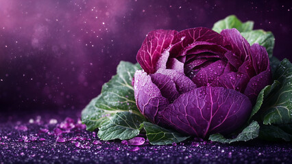 Vibrant purple cabbage head reveals intricate leaf patterns in fresh organic vegetable closeup