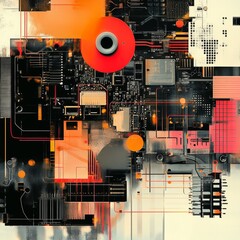Poster - abstract digital circuitry pattern with red and orange circles