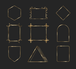 Poster - Gold thin frame. Luxury rectangle shape line border vector. Elegant square art deco boarder element for premium vintage design. Birthday or wedding chic and minimal ornament cadre with metal gradient