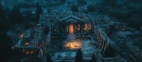 Ruins of an ancient building at night