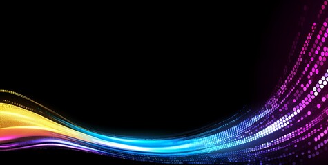 Wall Mural - Abstract glowing wave of blue, yellow, and purple lights on a black background.
