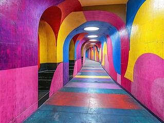 Wall Mural - Vibrant, colorful tunnel with abstract patterns and lighting.