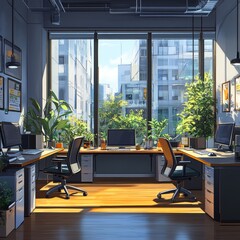 Poster - Modern Office Interior with City View and Sunlight