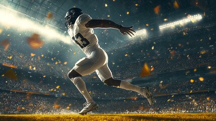 Poster - A football player runs down the field with the ball in hand.