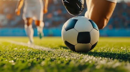 Wall Mural - A soccer player kicks a ball on a field.