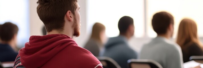 Sticker - Several students are attentively listening to a lecture in a well-lit classroom, depicting a scene of education, learning, and personal development in an academic environment.