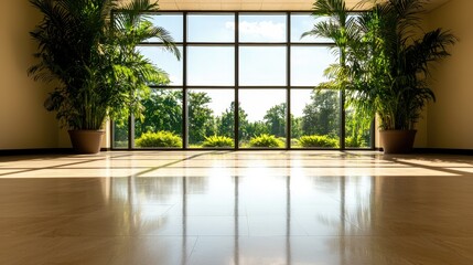 Bright interior with large windows showcasing lush greenery and polished floors, creating a serene and inviting atmosphere.