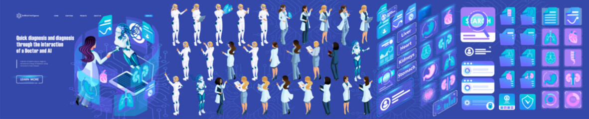 Isometric Template for Creating Landing page. Interaction of a Doctor and AI, for Medical. Kit of Characters, Persons, Icons. Create your own unique Landing page