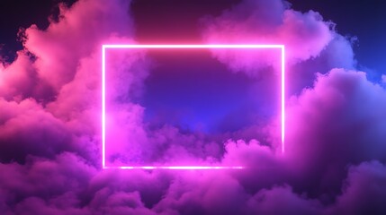 Poster - A pink neon square frame in a hazy, futuristic setting.