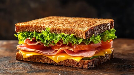 Poster - A ham and cheese sandwich with lettuce and tomato.