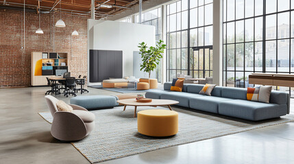 An open office layout with comfortable seating areas and collaborative zones.