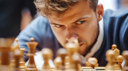 Sticker - A young man in a blue sweater looks thoughtfully at a chess board.