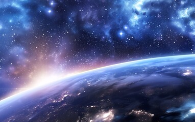 Wall Mural - a stunning view of a planet from space, with a bright, colorful nebula in the background.