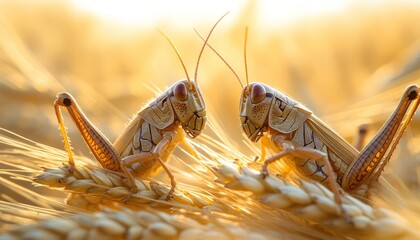 two grasshoppers face each other on wheat stalks in a field at sunset.