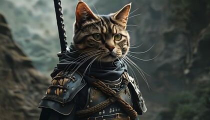 Epic vision of a surreal cat warrior with mystical armor and a fierce gaze in a fantastical landscape