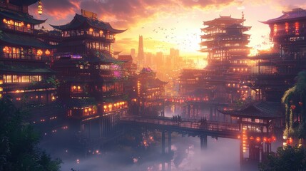 Wall Mural - Asian Cityscape Sunset.