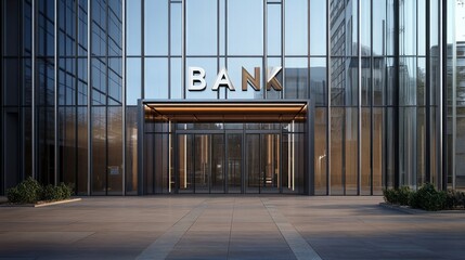 Bank's volumetric inscription on the building's glass wall