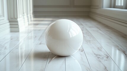 Poster - A glossy white sphere on a polished floor in a bright interior.