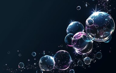 Wall Mural - A cluster of iridescent bubbles float against a dark blue background, reflecting the light and casting shimmering sparkles.