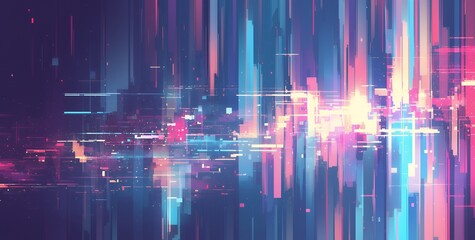 Wall Mural - abstract digital art featuring a vibrant, neon-colored cityscape with glowing lines and streaks of l