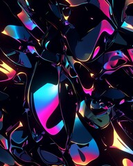 Wall Mural - Abstract 3D rendering of a liquid-like metallic surface with iridescent hues of blue, pink, and yellow.