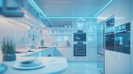 Poster - 3D illustration of a smart home kitchen with energy-efficient appliances, touch-screen interfaces displaying energy metrics, set on a soft pale blue background, focusing on eco-conscious living