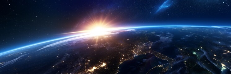 Wall Mural - A breathtaking view of Earth from space, with the sun rising over the horizon and illuminating the planet's surface.