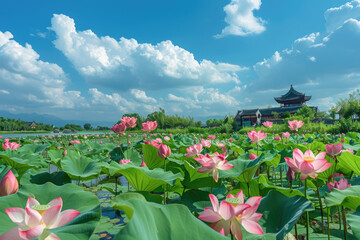 Wall Mural - Summer lotus pond, distant pavilion