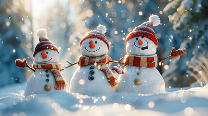 Merry card with three snowmen having fun in a winter park, idea for a retro style Christmas card