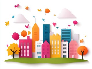 Wall Mural - Colorful cityscape with paper art style buildings, trees, butterflies, and clouds, creating a vibrant and playful atmosphere.