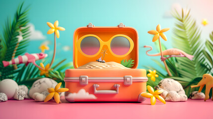 vacation travel time banner, open travel suitcase with exotic destination inside, tourist suitcase summer vacation advertisement concept on tropics lagoon bay