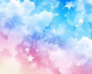 Wall Mural - Dreamy watercolor sky with white stars and a gradient of pink, blue, and white.