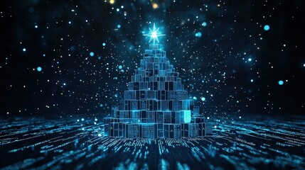 Abstract digital Christmas tree with glowing star on top.