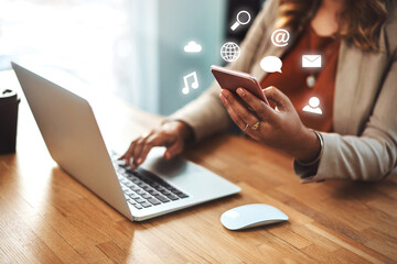 Poster - Hand, smartphone and hologram icons with app for email, chat and cloud computing for person in office. Employee, phone and laptop with symbol at job with social network, contact and music streaming