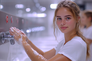 Nurse washing her hands in the hospital.hand washing awareness week.