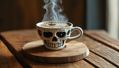 Mysterious Skull Coffee Mug with Steam on Rustic Wooden Table