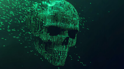 Vector illustration of a skull made from green binary code. Represents internet piracy, hacking, and security concerns. Features malware, virus, ransomware, and system glitches, abstractly visualizing