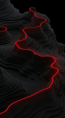 Wall Mural - A bright red line winds its way through a dark, abstract landscape.