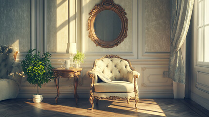 living room interior, Sofa and chairs near wooden table against window, There are two chairs on the porch, one of which has a white blanket draped over.