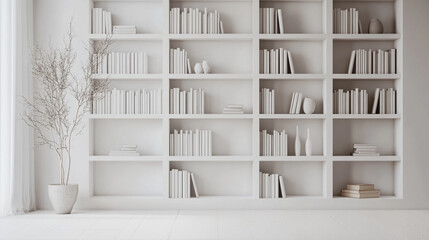 light bookshelf full of books, background modern bookshelf, Design of walls and shelves.