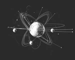Wall Mural - A stylized illustration of a planetary system, with a central planet surrounded by orbiting celestial bodies, all in shades of white against a black background.