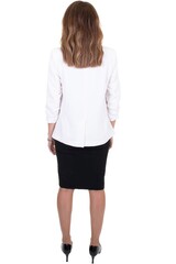 Poster - Full body rear portrait of slim woman behind in black dress and white suit jacket top with long hairs