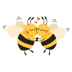 Wall Mural - Cute flat vector illustration in children's style. Two cute bees holding hands and loving each other . Vector illustration