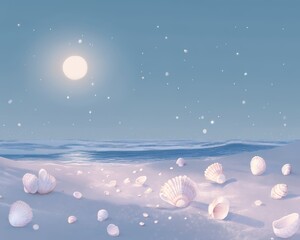Wall Mural - Seashells scattered on a sandy beach under a full moon and a starry sky.
