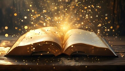 Wall Mural - Enchanted Book Radiating Golden Light and Glowing Dust on Wooden Table, Symbolizing Knowledge, Imagination, and Enlightenment